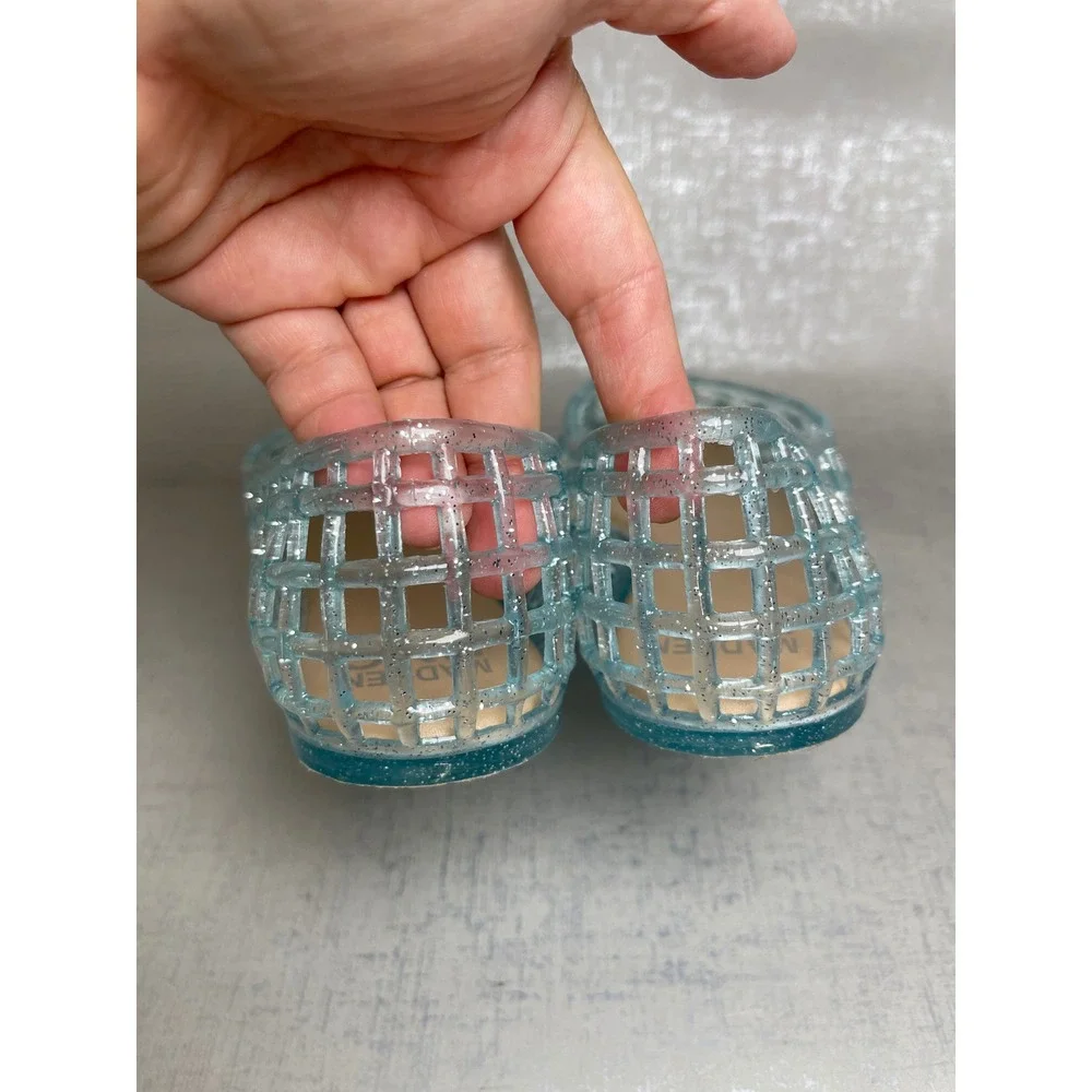 Madden NYC Kids Blue Glitter Jelly Flats Woven Cage Fisherman Shoes Big Girls 4